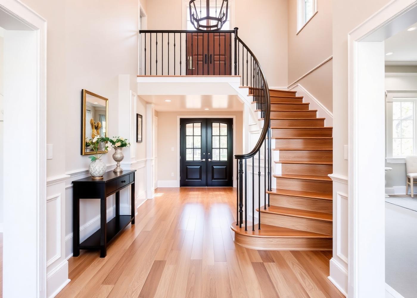 Renovated foyer with curved staircase and oak flooring