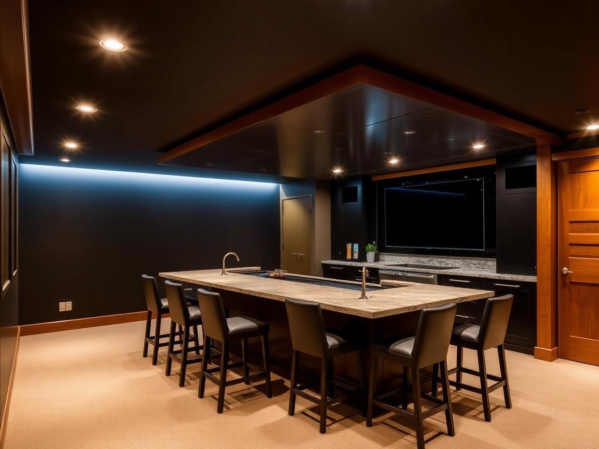 Finished custom basement with wet bar and warm lighting