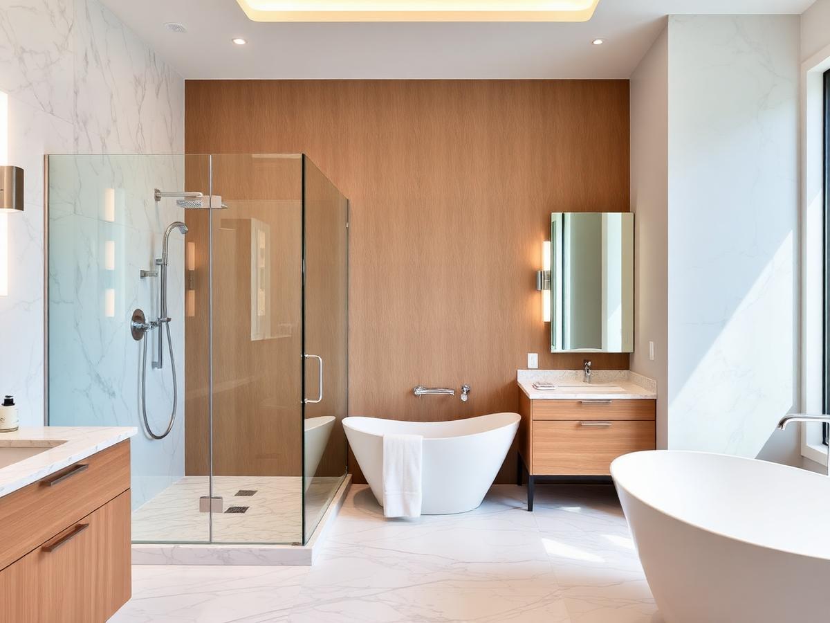 Luxury bathroom renovation with glass shower and freestanding tub