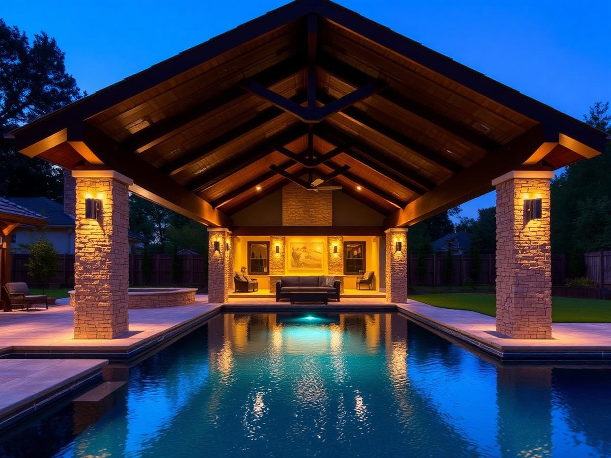 Custom poolside pavilion with timber beams and stone columns