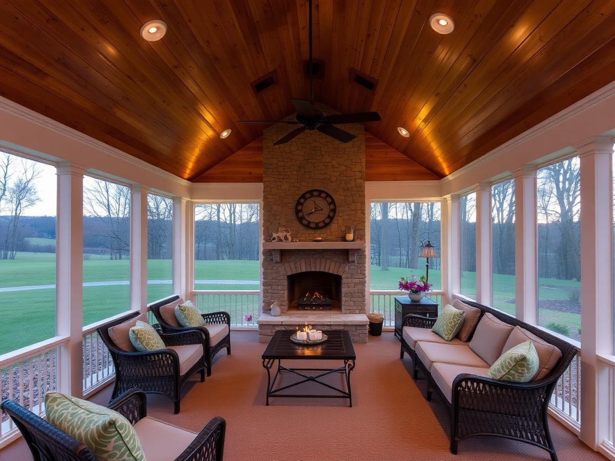 Custom screened porch with cedar ceiling and stone fireplace